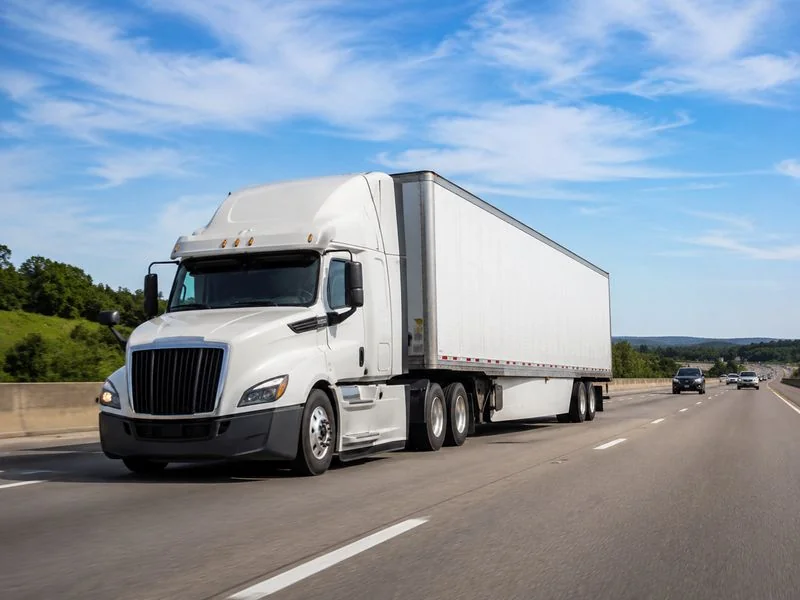 Dry van semi-trailer transporting enclosed freight on a U.S. highway