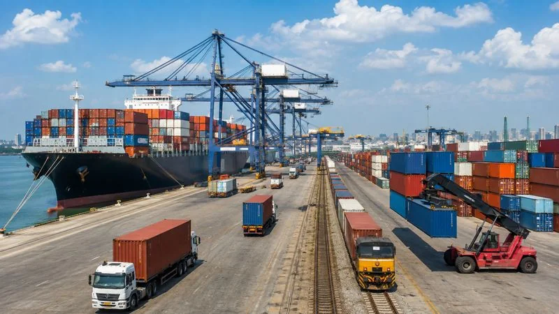International freight moving by ship, truck, and rail at a logistics terminal