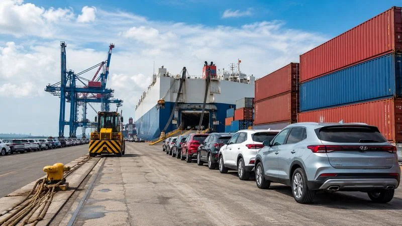 Vehicles and containers being prepared for international shipping at a seaport