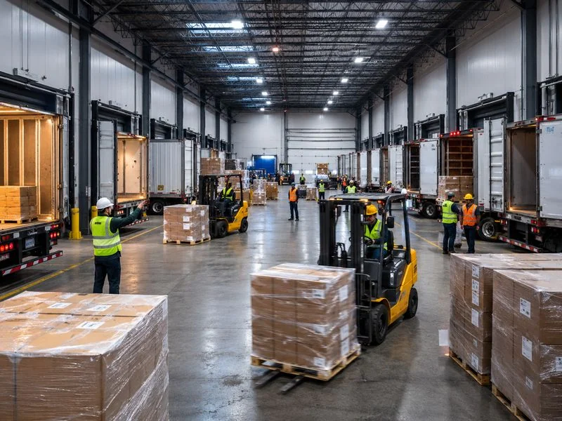 Workers transferring freight between inbound and outbound trucks at a cross-docking facility
