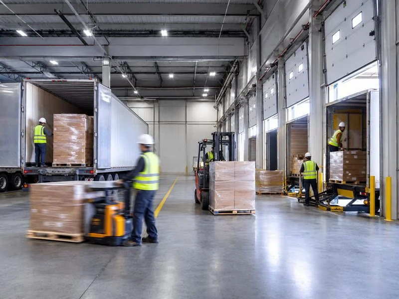 Cross-docking facility transferring freight from inbound trucks to outbound trucks