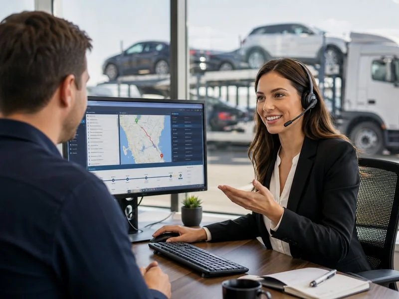Logistics customer service specialist helping a customer track and manage a vehicle shipment