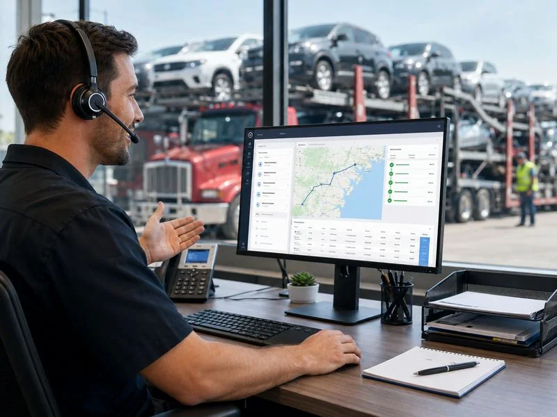 Logistics employee using shipment tracking software while providing customer service for vehicle transportation