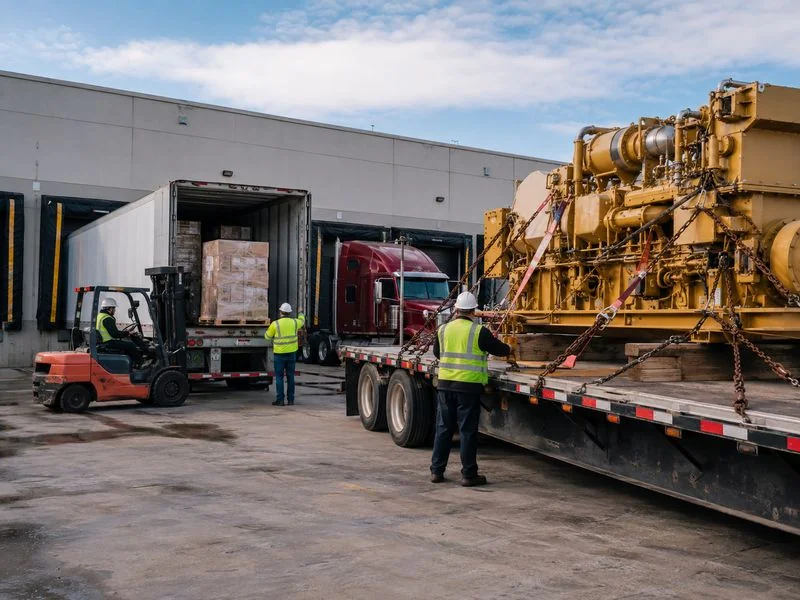 Different freight loads being prepared for dry van and flatbed trailer transportation