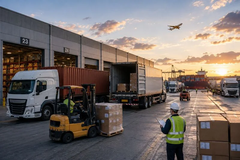 Supply chain operations with trucks, warehouse activity, and freight being prepared for delivery