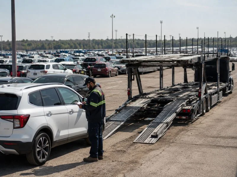 Car transporter picking up a vehicle from an auto auction storage yard