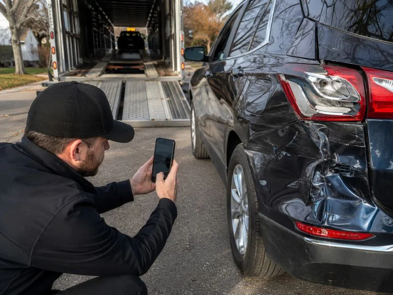 Person photographing vehicle damage at delivery for a freight damage claim