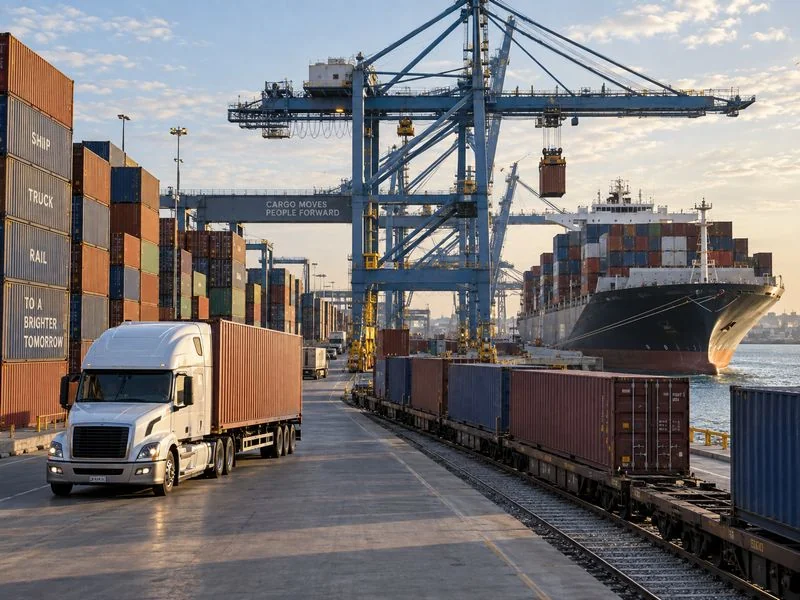 Truck, rail, and ocean freight working together in a multimodal transport system