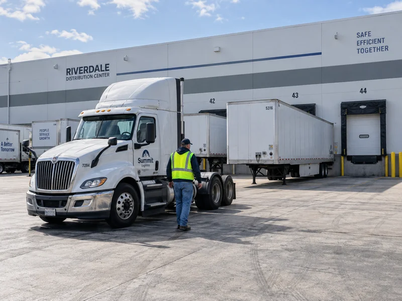 Truck driver dropping a dry van trailer at a warehouse as part of a drop trailer program.
