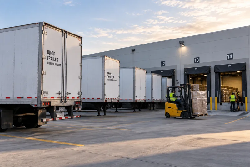 Drop trailers parked at warehouse loading docks while workers manage freight on their own schedule.