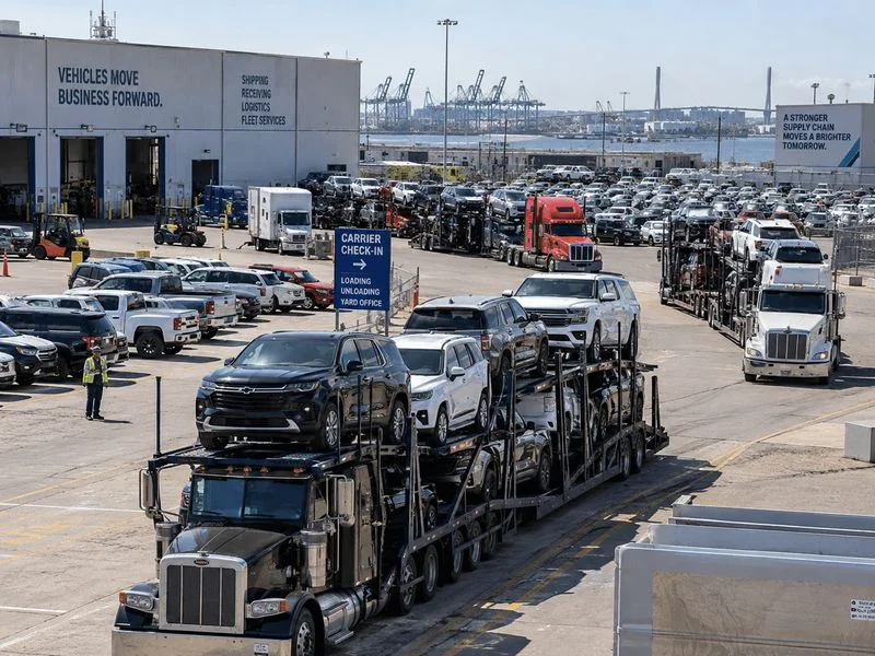 Busy freight and vehicle transport yard during peak shipping season with trucks and car carriers waiting for dispatch.