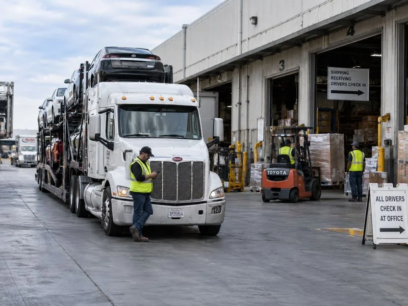 Truck driver waiting at a busy pickup location while freight is prepared, illustrating driver dwell time.