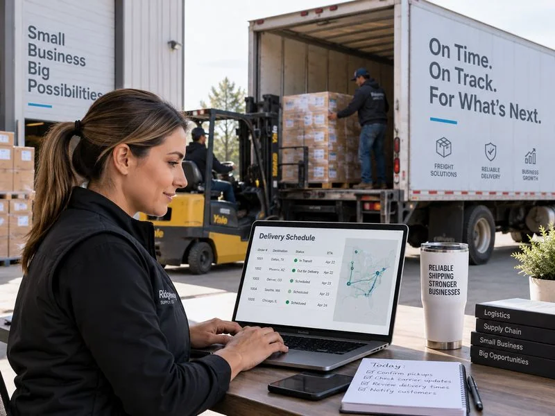 Small business manager reviewing a delivery schedule while freight is prepared for on-time shipment.