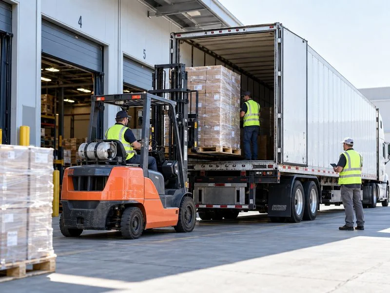 Freight truck being loaded quickly at a pickup facility to reduce driver waiting time.