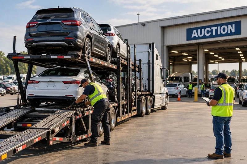 Freight truck waiting at a busy pickup facility, illustrating dwell time and detention delays.
