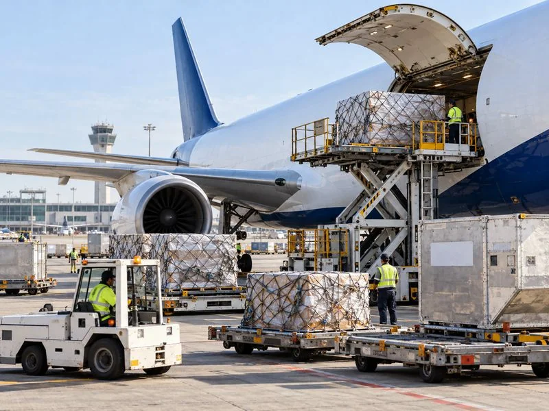Airport ground crew loading palletized air freight into a cargo aircraft using specialized loading equipment