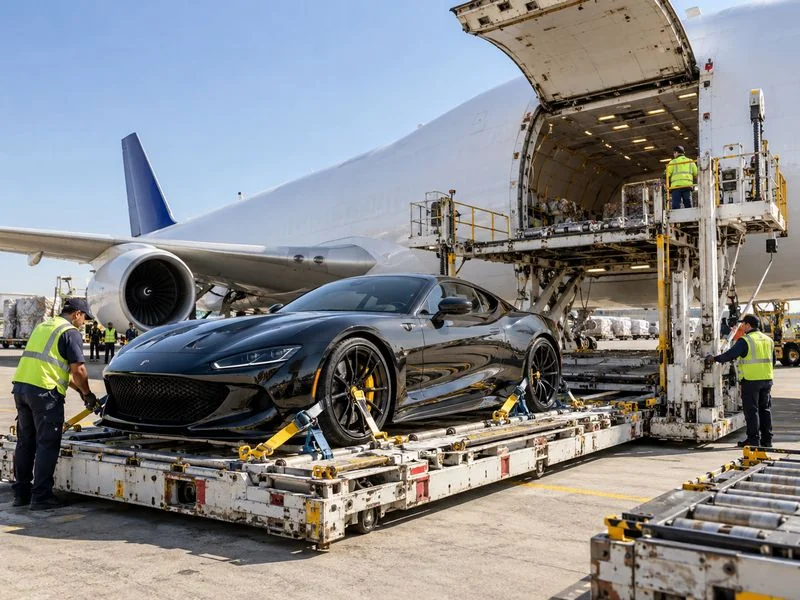 Luxury sports car secured on an airport loading platform for international air freight shipping aboard a cargo aircraft